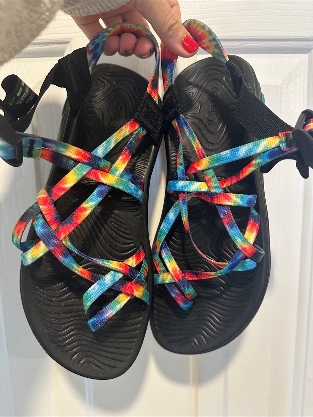 Chaco Women's Sport Sandals with Rainbow Tie-Dye Straps and Black Footbed